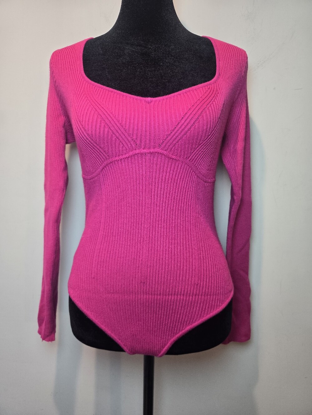 Pink Rose Bodysuit Medium Ribbed Sweater Long Sleeve 1 Piece